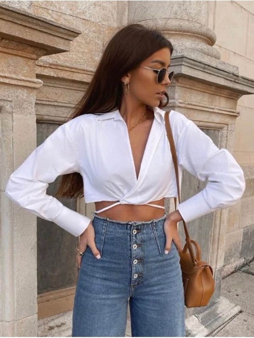Zara White Cropped Wrap Long-Sleeve Poplin Shirt - Small